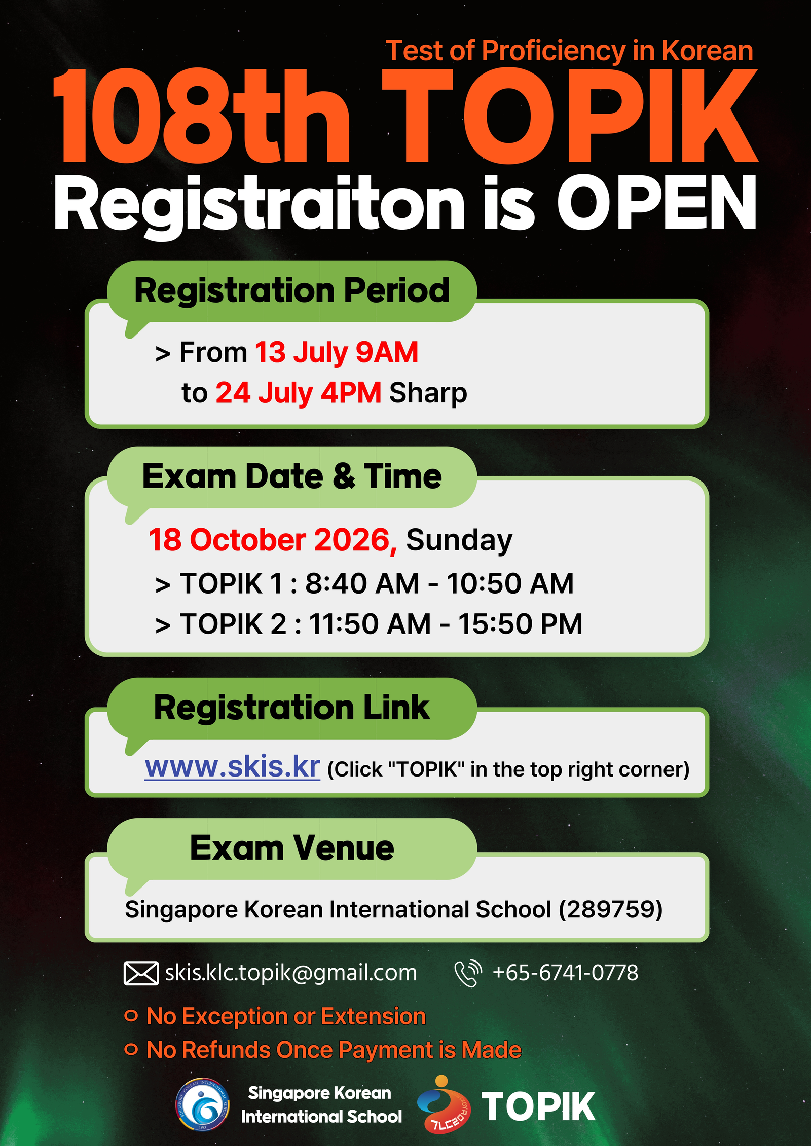 SKIS English poster for the 108th TOPIK in Singapore